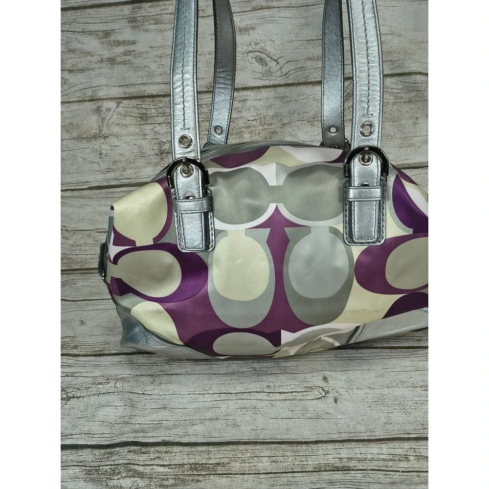 Coach Optic Convertible Scarf Print Carry All F17409 Purple Silver Taupe Sateen